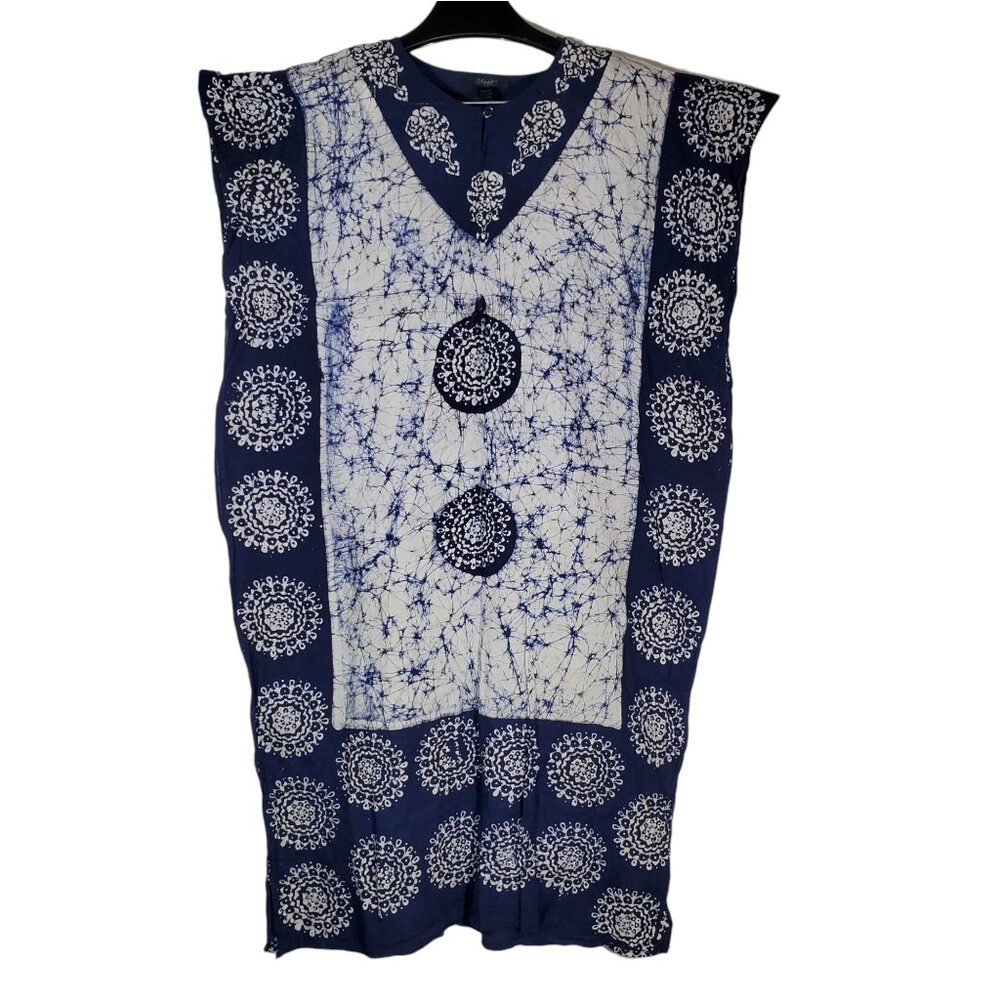 Japna Kaftan Maxi Dress O/S Navy Blue White Tie-Dye Geometric Boho Beach Coverup